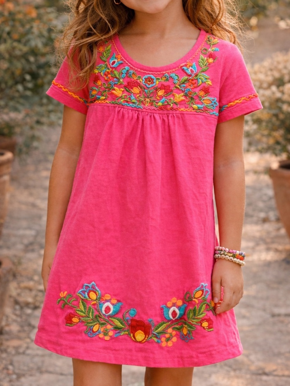 Girls Embroidered Boho Dress Pink Floral Cotton South‎ Main Size S